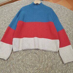 Blue Red Gray Color Block Mock Neck Oversized Sweater